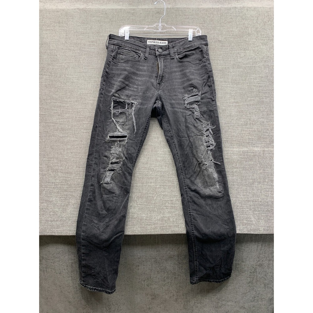 Express Rocco Slim Fit Skinny Jeans Mens 32x32 Black Whiskering Denim Distressed